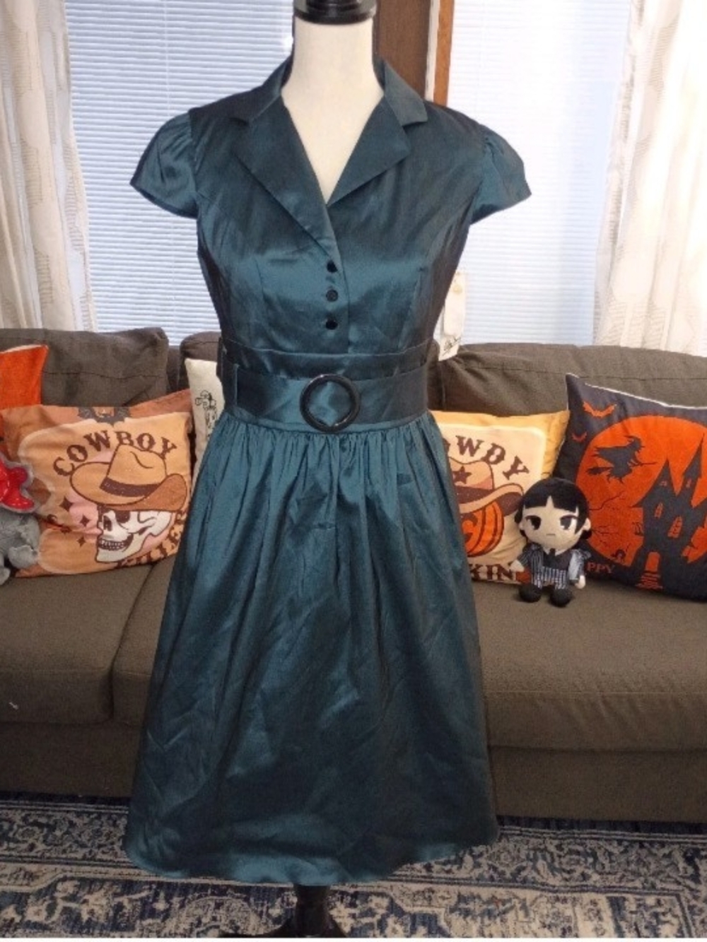 NWT OC By OC Oleg Cassini Metallic Sheen Teal Belted Midi Dress, Size 4
